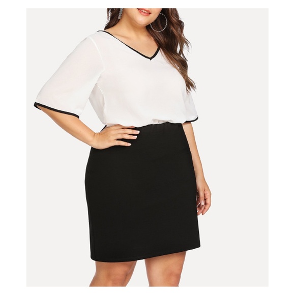 White Black V Neck Back Bow Short Sleeve Blouse - Picture 5 of 5